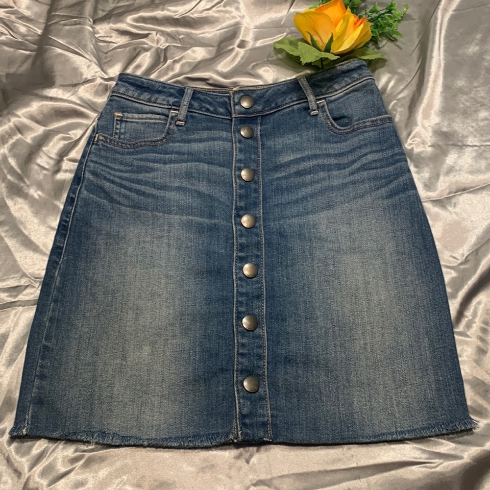 🌹 VINTAGE • ABERCROMBIE & FITCH CUTE BUTTON UP A - Line BLUE JEAN MINI SKIRT •